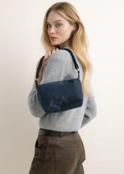 Navy blue fabric women's handbag TOREN-0355-7E(Z26); front view of the product shown on a model's shoulder against a light background.