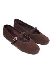 Dark brown suede women's ballet flats BUTYD-1309-1I(Z26), diagonal product view on white background.