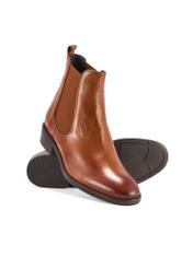 Women's leather ankle boots in cognac color BUTYD-0936A-87(Z25), diagonal product view on a white background.