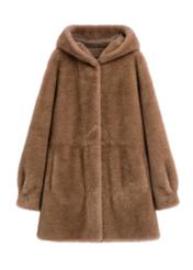 Beige women's fur coat with hood FUTDP-0062-1B(Z26)