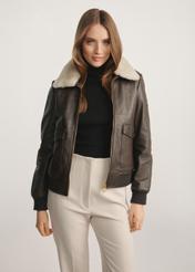 Brown leather jacket with collar KURDS-0505-4158(Z25) - front product view on white background. Full body visible.