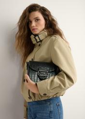 Women's black croco messenger bag TOREC-0880-9G(W26) - front view of the product, held by the model, against a light background. Half of the silhouette is visible.