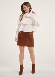 Suede mini skirt in cognac color SPCDS-0078-3205(Z25), product visible from the front on the model, the entire silhouette is visible.