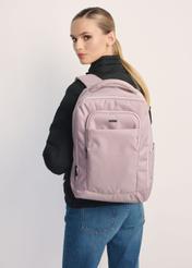 Pink backpack PLCMN-0014 A-31(Z 25), front view of the product on the model, half of the silhouette visible.