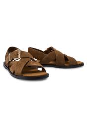 Women's cognac-colored suede sandals BUTYD-1238-1F(W26) - diagonal product view, on a white background.