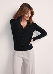 Black women's cardigan with buttons KARDT-0044A-99(Z25), front view of the product on the model, half of the silhouette visible.
