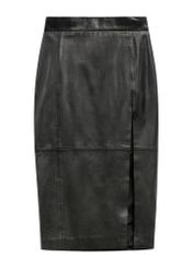 Women's long black leather skirt with slit SPCDS-0075-1273(W25)-03