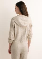 Beige women's hooded sweater BLZDT-0124-1A(Z26), rear view on a model. Half-body shot.