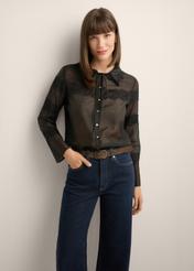 Women's black lyocell shirt KOSDT-0194-99(Z26), front view of the product on the model. Half of the silhouette visible.