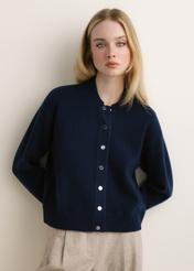 Dark navy blue women's wool and cashmere cardigan KARDT-0073-7E(Z26), front view on a model. Half-body shot.