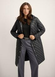 Women's black quilted jacket KURDT-0680-99(Z26), front view of the product on the model. Half of the silhouette visible.