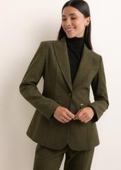 Green women's jacket with wool ZAKDT-0057-8B(Z26), front view of the product on the model. Half of the silhouette visible.