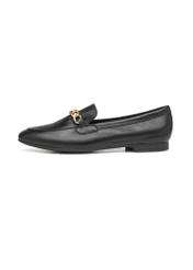 Women's leather black loafers with chain BUTYD-0914A-99(W26), side product view on white background.