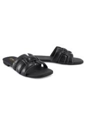 Women's black leather slides with braid BUTYD-1225-99(W26), diagonal product view on a white background.