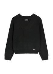 Black women's V-neck sweater SWEDT-0162-99(Z25), front product view on white background.