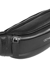 Men's black leather waist bag with TORMS-0295A-99(Z25) logo - close-up of detail on white background.