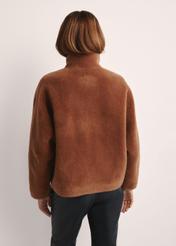Brown woolen women's fur coat FUTDW-0033-1D(Z26), product view from the back on the model. Half of the silhouette visible.