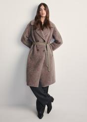 Women's brown wool-blend fur coat FUTDW-0035-91(Z25) - front view of the product on a model against a white background. Full body visible.
