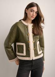 Women's short khaki sheepskin coat KOZDP-0015-8D(Z26), front view of the product on a model. Half of the silhouette visible.