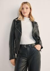 Women's black leather jacket KURDS-0184-99(KS), front view of the product on the model. Half of the silhouette visible.