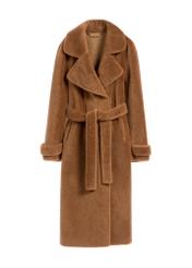 Long woolen fur coat in camel color FUTDW-0019A-24(Z25), product view from the front on a white background.