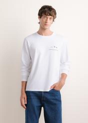 Men's white long-sleeve top with print LSLMT-0014-0A(Z26); front view of the product on a model. Full-body shot.