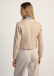 Beige women's leather biker jacket KURDS-0273-1365(KS), product view from the back on the model, half of the silhouette visible.