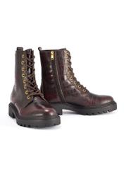 Burgundy women's croco ankle boots BUTYD-1192-4E(Z26), diagonal product view on a white background.