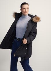 Black women's jacket with fur KURDT-0480-99(Z25), product view from the front on the model, half of the silhouette visible.