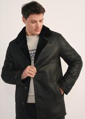 Black men's sheepskin coat made of genuine leather KOZMS-0026-3191(Z25) - front view of the product, on a model, against a white background. Half of the silhouette visible.