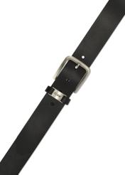 Black men's leather belt PASMS-0273-99(Z25), close-up of the product buckle, view on a white background.