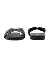 Black women's slides with stitching BUTYD-1223-99(W26), front and back view of the product on a white background.