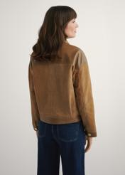 Beige women's leather jacket KURDS-0572-1B(W26) - back view of the product against a light background. Half of the silhouette visible.