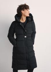 Long black women's jacket KURDT-0602-99(Z25), front view of the product on the model. Half of the silhouette visible.