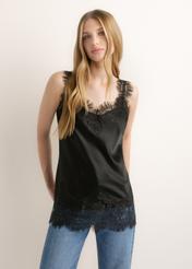Women's black strappy blouse with lace embellishment BLUDT-0215-99(Z26), front view of the product on the model. Half of the silhouette visible.