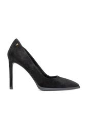 Black suede women's high heels BUTYD-1217-99(Z25), product view from the side on a white background.