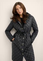 Women's black quilted jacket KURDT-0680-99(Z26), front view of the product on the model. Half of the silhouette visible.