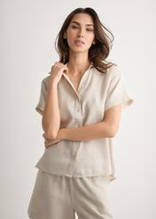 Beige women's linen shirt KOSDT-0187-1A(W26), front view of the product on the model. Half of the silhouette visible.