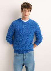 Dark blue men's sweater with decorative weave SWEMT-0205-7C(Z26), front product view on model. Half silhouette visible.