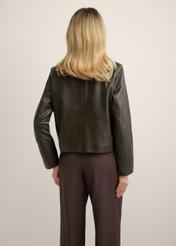 Women's brown leather short jacket KURDS-0552-1H(Z26), product view from the back on the model. Half of the silhouette visible.