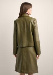 Women's olive green leather short jacket KURDS-0552-8E(Z26), back view of the product on the model. Half of the silhouette visible.