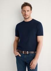 Navy blue men's silk T-shirt TSHMT-0138-7E(W26), front view of the product on the model, half of the silhouette visible.-02