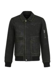 Men's black leather jacket with collar KURMS-0339-1382(W24)-04