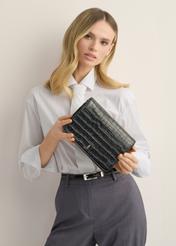 Black leather croco women's handbag TORES-1324-9G(Z26), product view in model's hands. Half of silhouette visible.