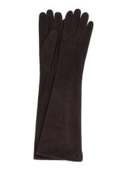 Long dark brown leather women's gloves REKDS-0088-1I(Z26), front product view on white background.