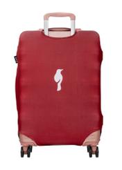 Red cover for a medium suitcase with the AW-013-0002-4B-M(W26) logo, product view from the back on the suitcase.