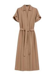 Camel long dress with short sleeves SUKDT-0180A-1D(W26), front product view on white background.
