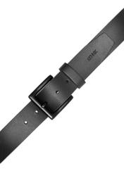 Black men's leather belt PASMS-0270-99(Z25), view of the fastened buckle of the product on a white background.