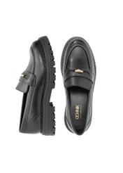 Women's leather black moccasins with logo BUTYD-1197-99(Z25), product view from the top and side on a white background.