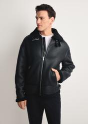 Men's black sheepskin coat KOZMP-0009-99(Z25) - front view of the product on a white background. Half of the silhouette visible.